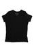 The Dovetail Womens Solid V-Neck Tee in plain black is laid flat, showing a small circular logo on the left sleeve and a visible neck tag. Made from lightweight, breathable fabric, it's ideal for casual hikes or everyday wear.