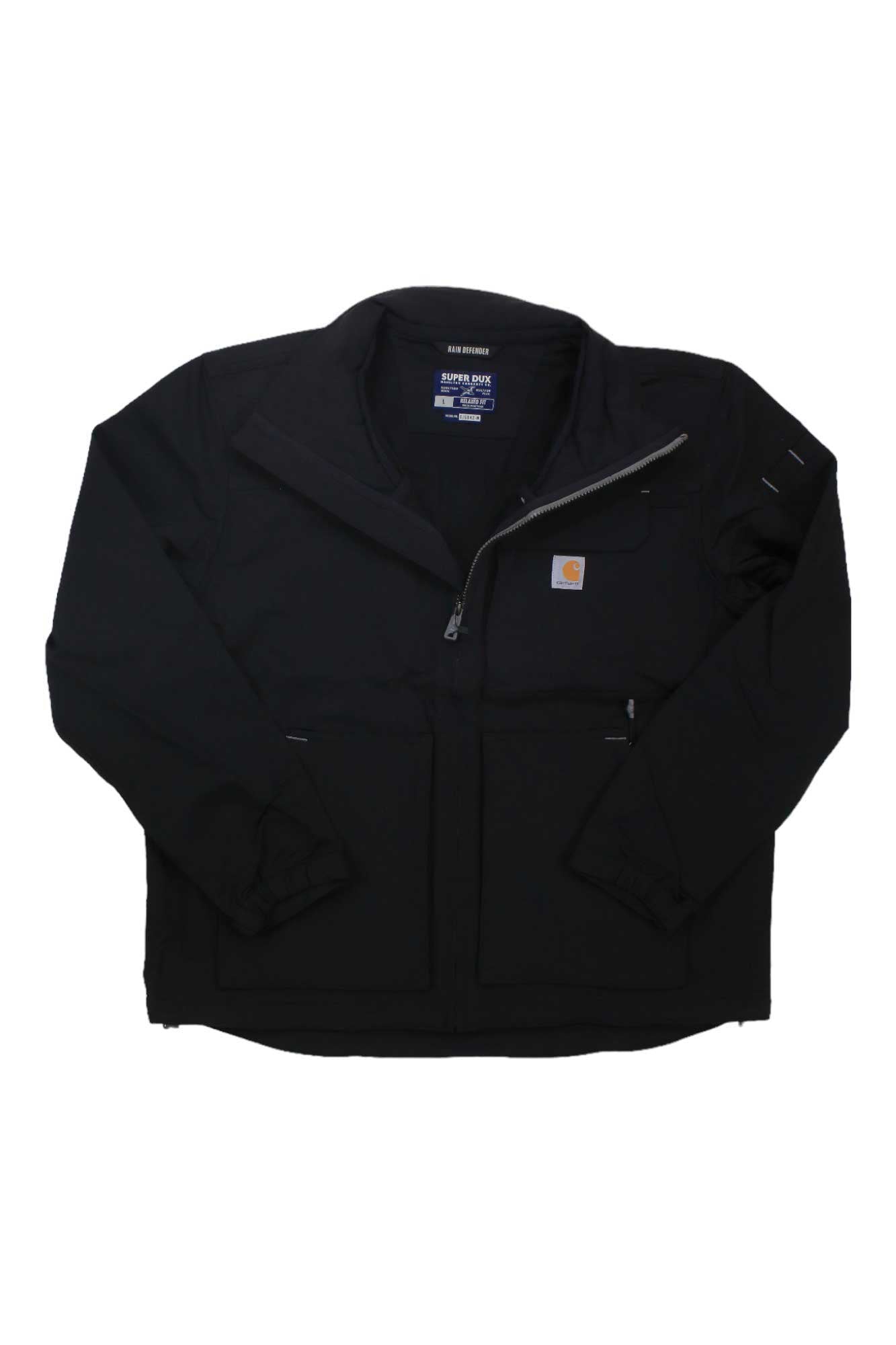 The Carhartt Mens Super Dux Relaxed Fit Lightweight Mock-Neck Jacket features long sleeves, two front pockets, and a small logo patch on the left chest—ideal for outdoor adventures. Shown laid flat on a white background.