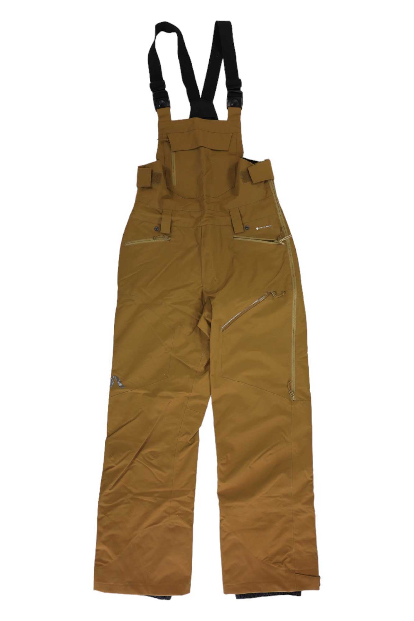 The Flylow Mens Snowman Bib, shown in brown with black adjustable shoulder straps, features multiple front zippers and pockets. Perfectly waterproof and insulated for snowsports, it's displayed laid flat on a white background.