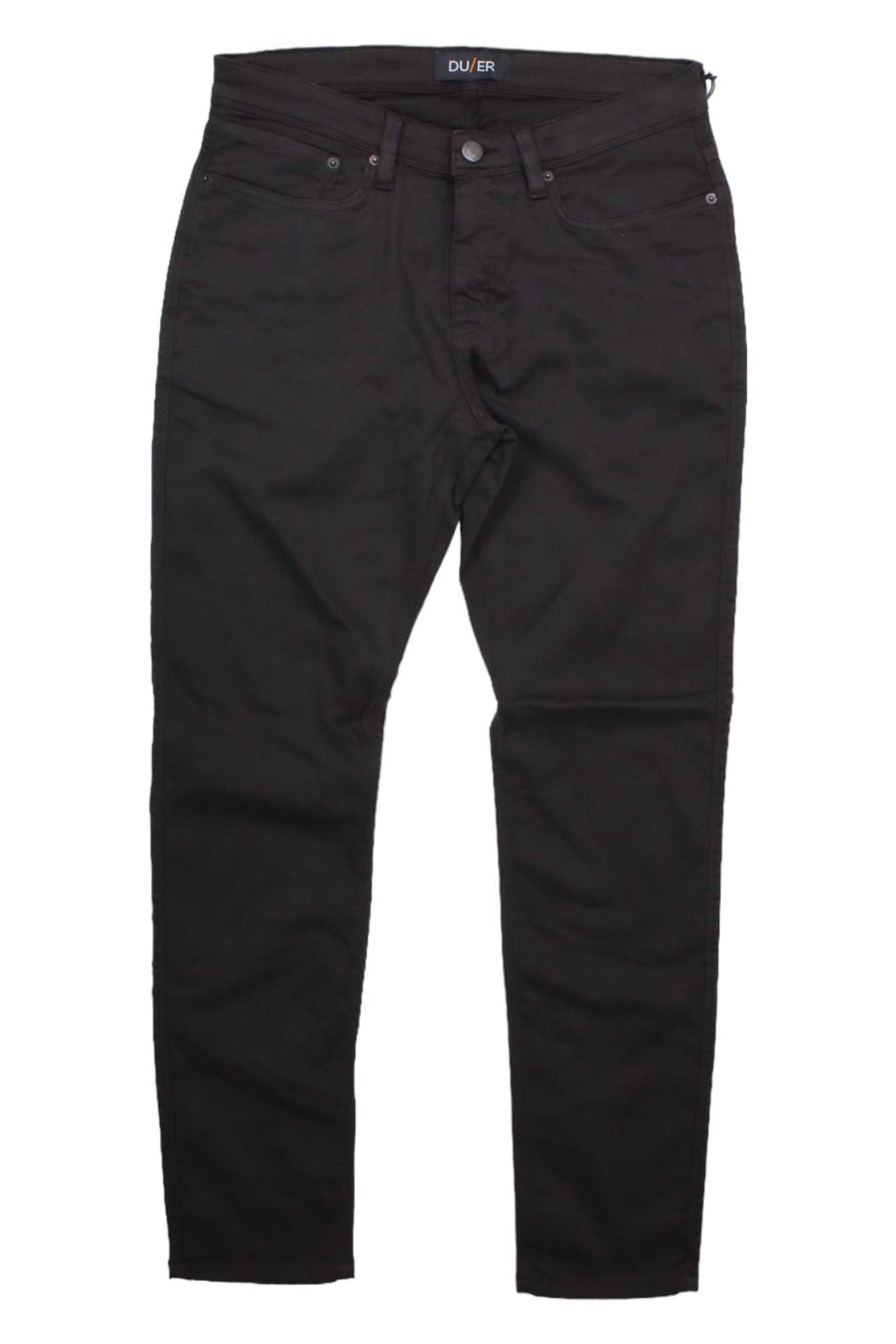 A pair of DU/ER Mens No Sweat Slim Fit Pant in black with five pockets, button closure, and moisture-wicking fabric is laid flat on a white background.