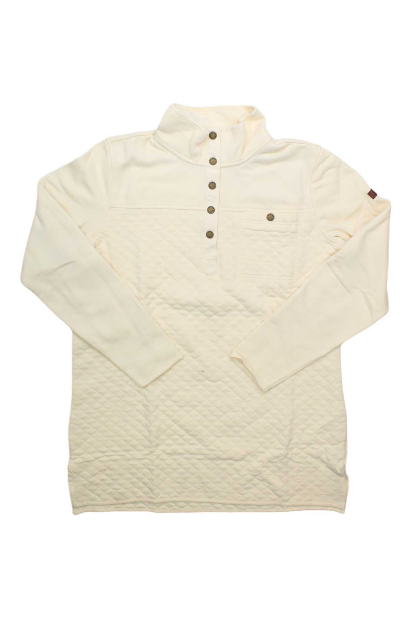 Cream quilted mockneck tunic sweatshirt with button placket and long sleeves.