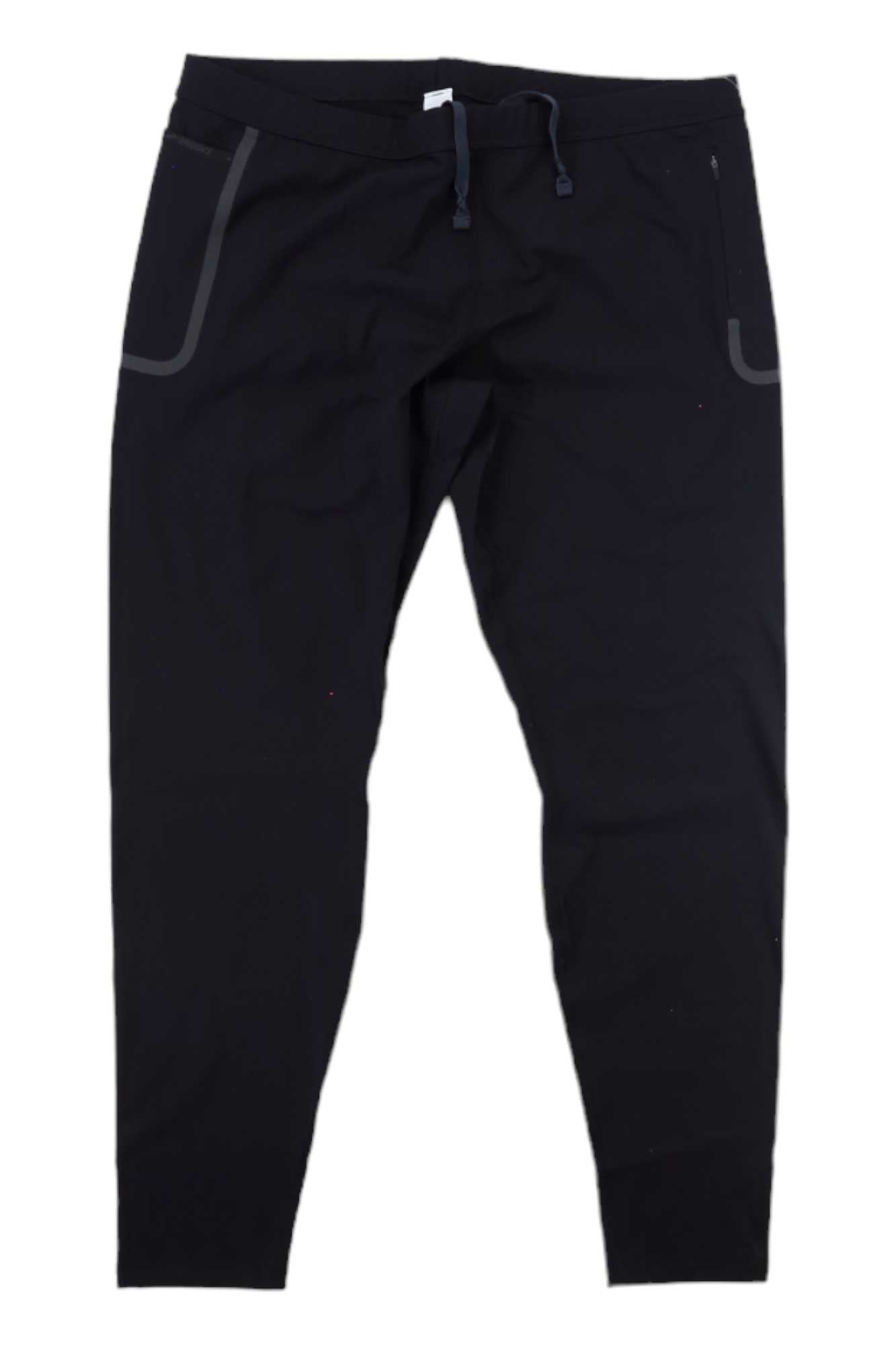 The Brooks Mens Momentum Thermal Tight features a slim fit with an elastic waistband, drawstring, and side pockets. Made from recycled fabric, these black jogger pants have a simple design and are displayed against a white background.