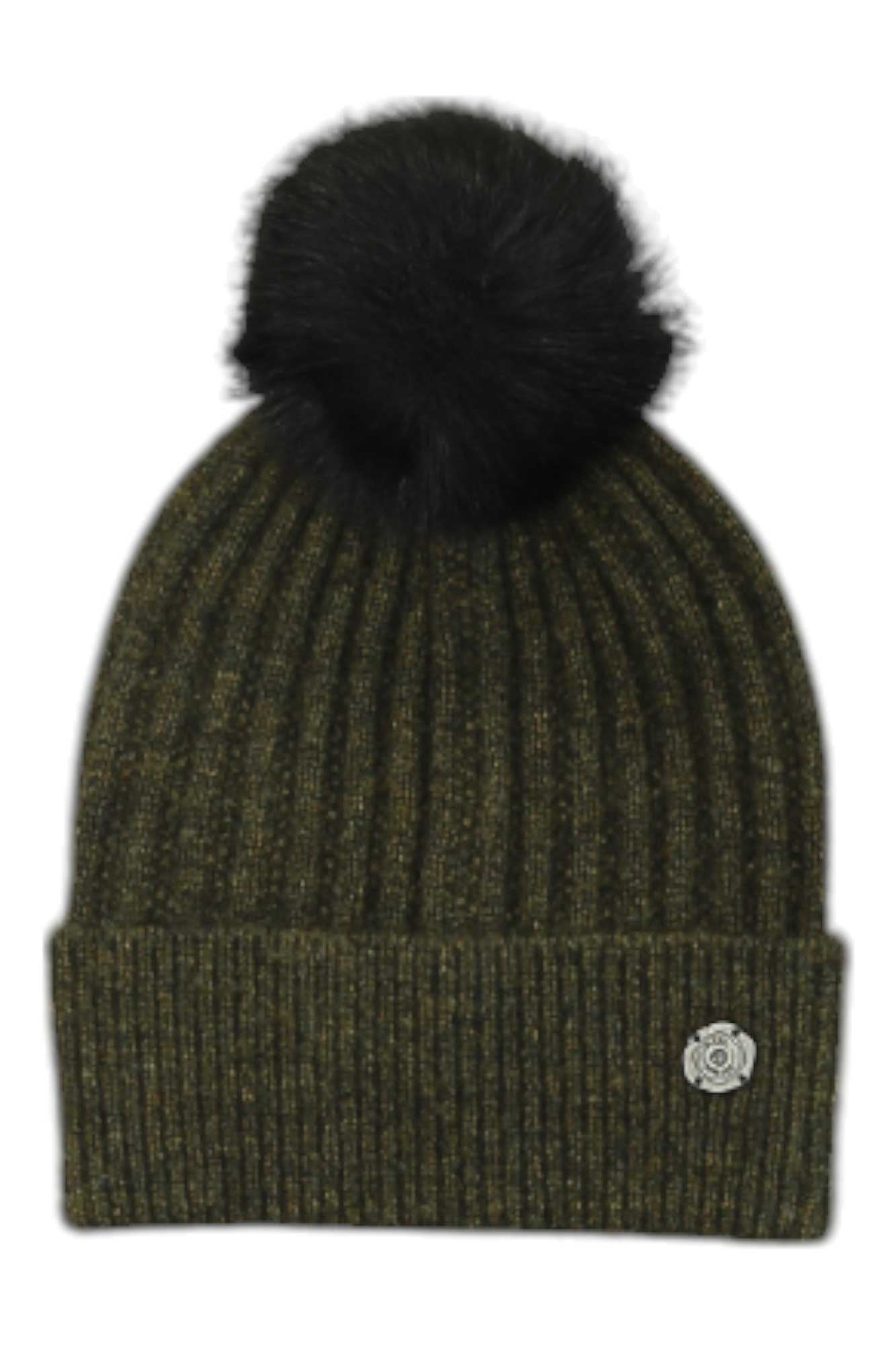 The Pistil Womens Piper Beanie is a ribbed dark green knit hat featuring a large black faux fur pom-pom and a silver flower pin on the folded brim, making it a stylish choice for winter.