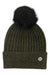 The Pistil Womens Piper Beanie is a ribbed dark green knit hat featuring a large black faux fur pom-pom and a silver flower pin on the folded brim, making it a stylish choice for winter.