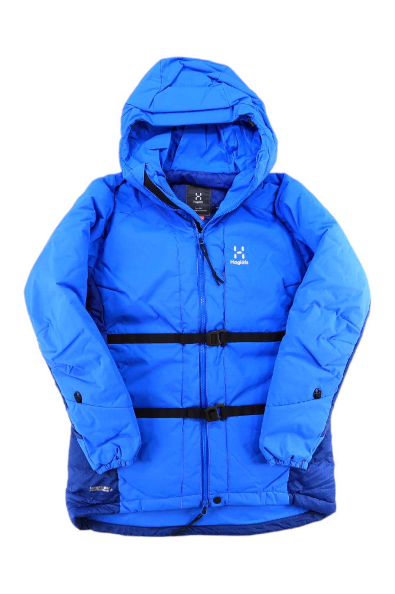 The Mens Nordic Expedition Down HoodJacket features hydrophobic down insulation, a front zipper, black waist drawstrings, and the Haglöfs logo on the chest. This padded jacket offers warmth and is perfect for cold weather adventures.