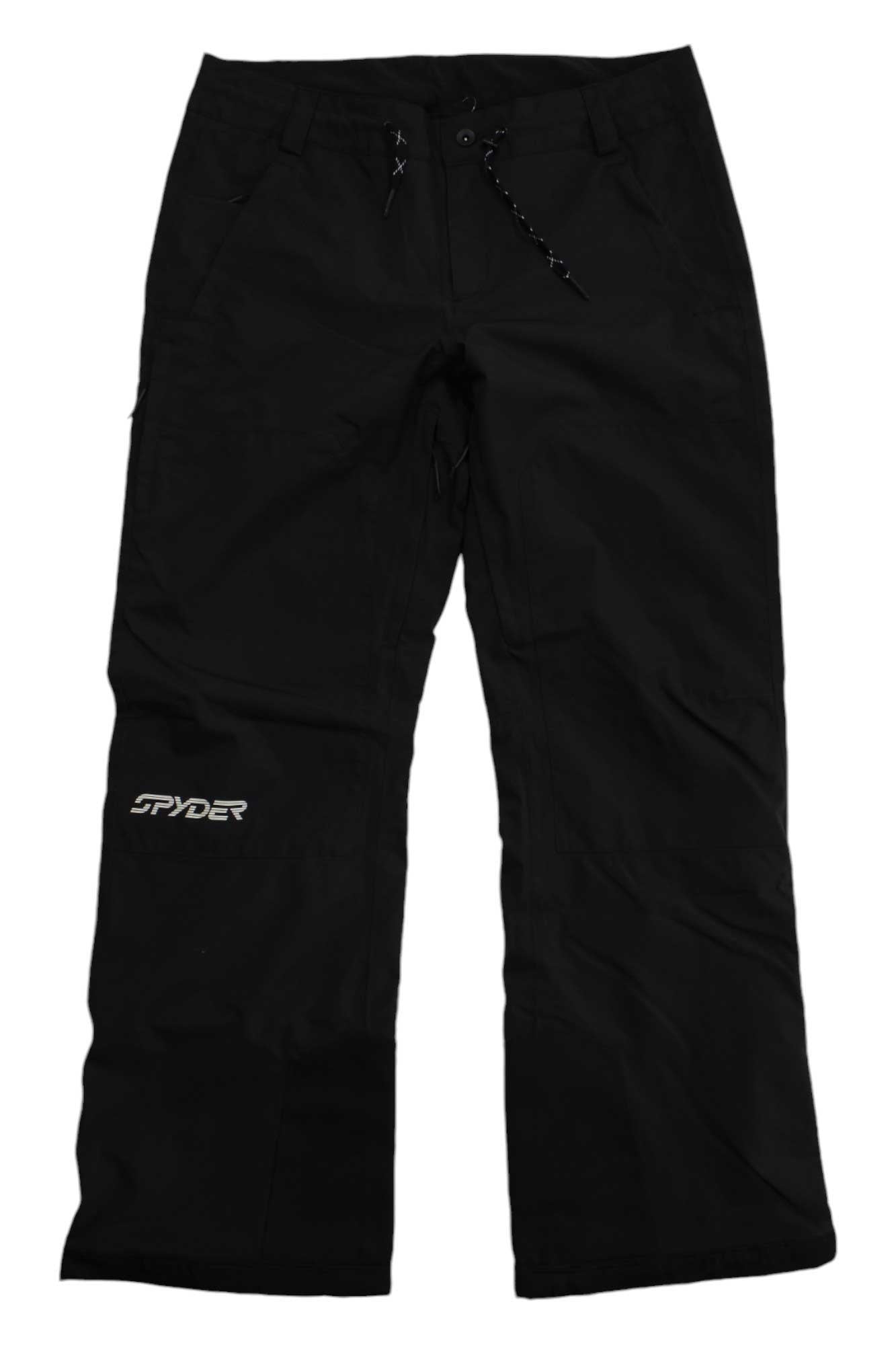 The Spyder Womens Seventy Pant is a pair of black insulated ski pants with straight legs, an adjustable drawstring waist, and a white embroidered Spyder logo on the left thigh.