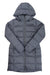 The Womens Metropolis Parka is a long, gray hooded puffer jacket with a front zipper, quilted design, 550 fill goose down insulation, and The North Face logo on the chest.
