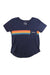 The Moosejaw Womens Peak Original Flowy V-Neck SS Pocket Tee is a navy blue top made from recycled polyester and organic cotton, with orange, yellow, and blue stripes across the chest and a pocket featuring "Mongoose.