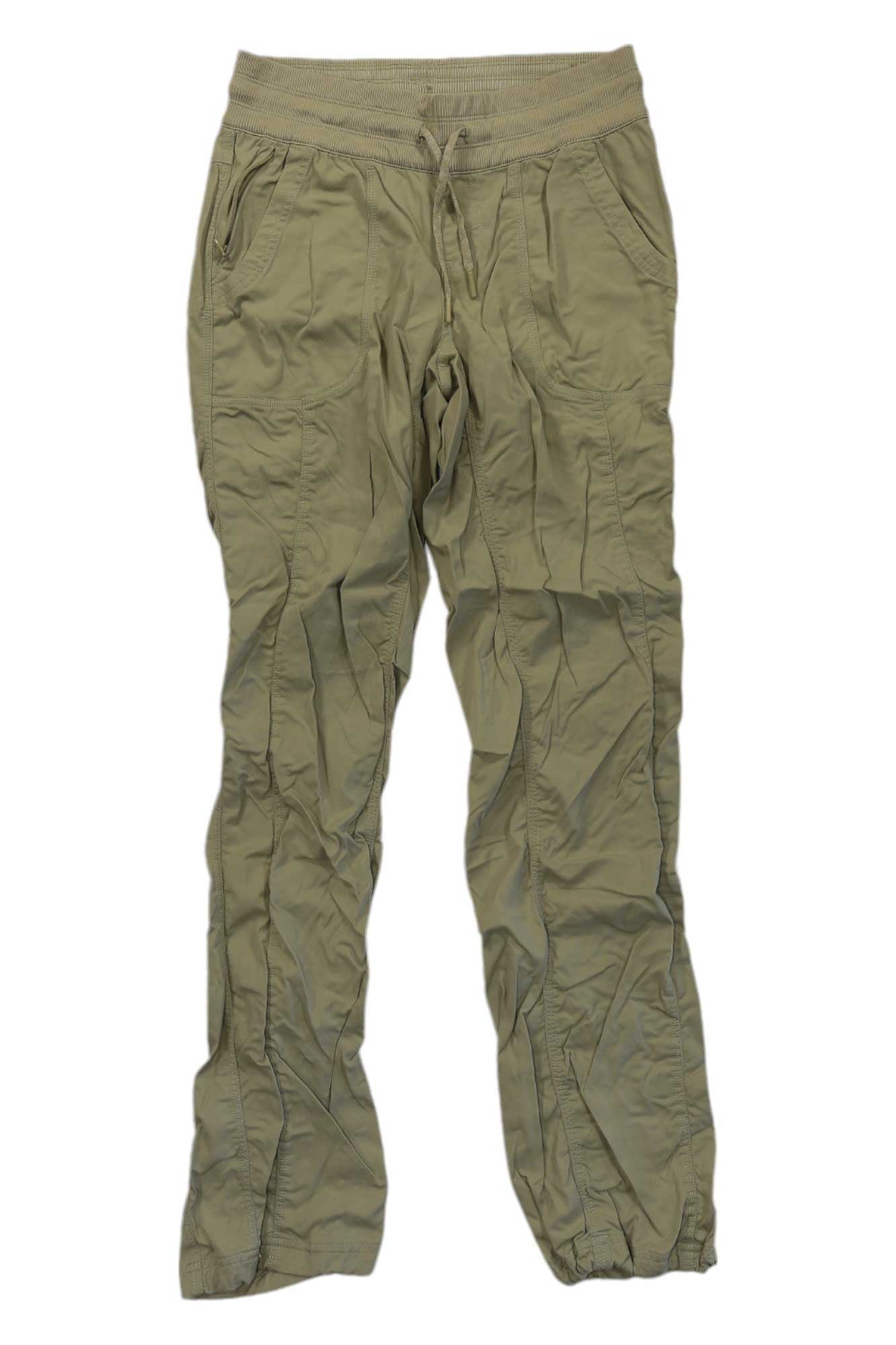 The Women's Aphrodite 2.0 Pants in light olive green feature a durable build, drawstring waist, elastic cuffs, front pockets, and a wrinkled texture, shown laid flat on a white background.