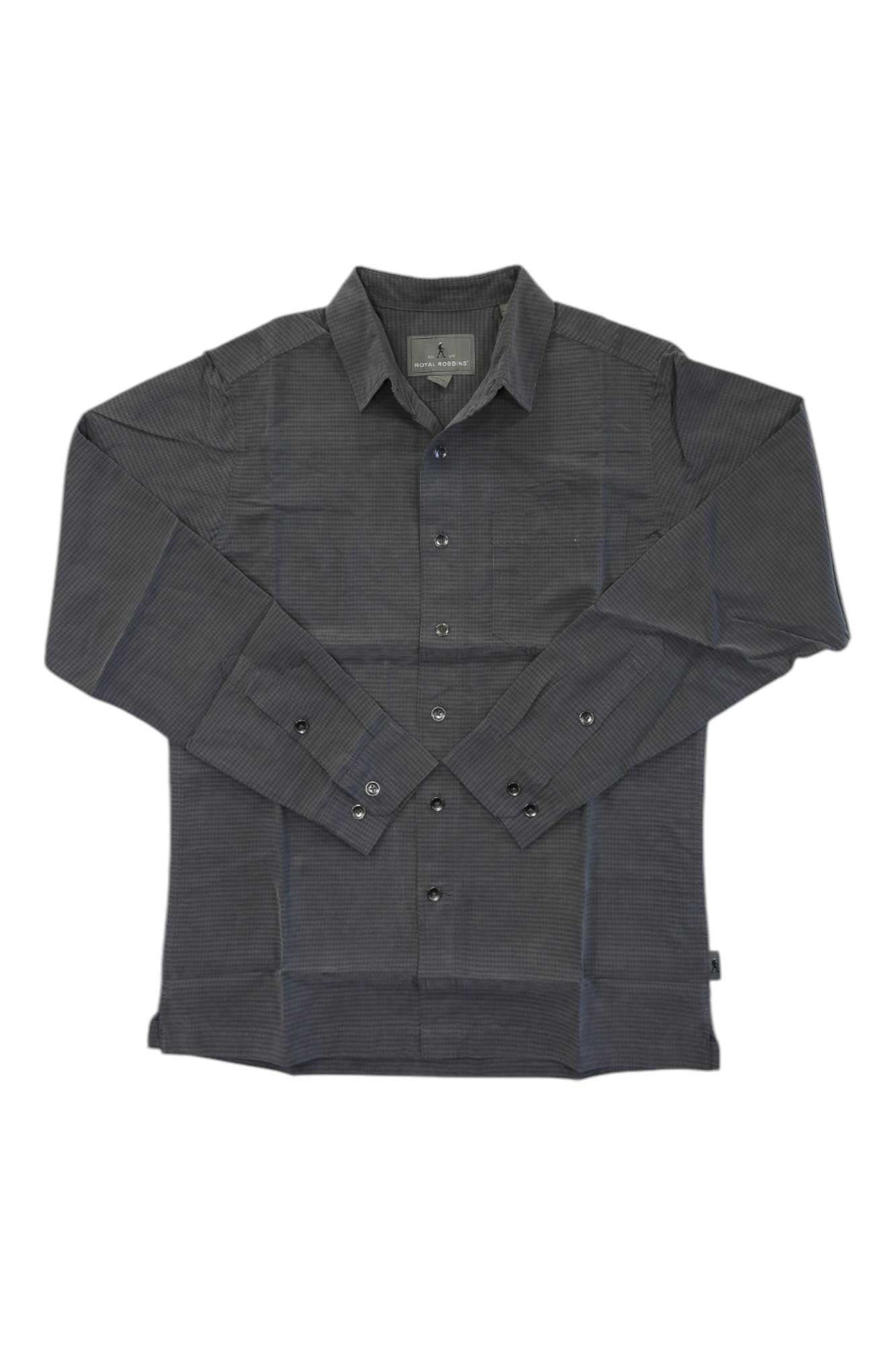 Royal Robbins Men's Desert Pucker Dry LS Shirt in dark gray, long-sleeve button-up with collar and buttoned cuffs, subtle checked pattern, features quick-drying thermoregulation technology, shown laid flat on a white background.