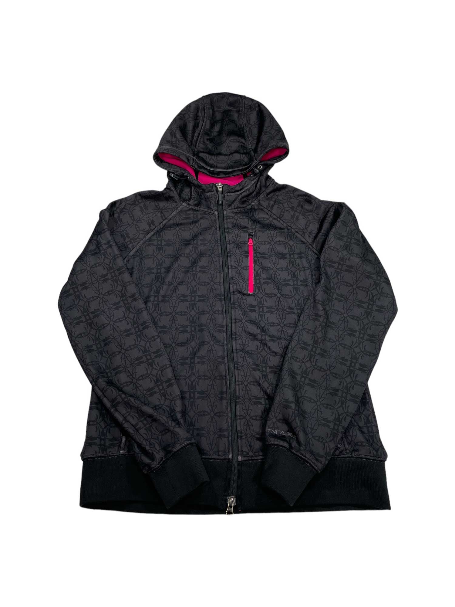 The Womens Printed Full Zip Fleece Jacket features lightweight black fleece with a subtle geometric print, pink accents in the hood and chest zipper pocket, and black cuffs and hem, styled like a modern The North Face jacket on a white background.