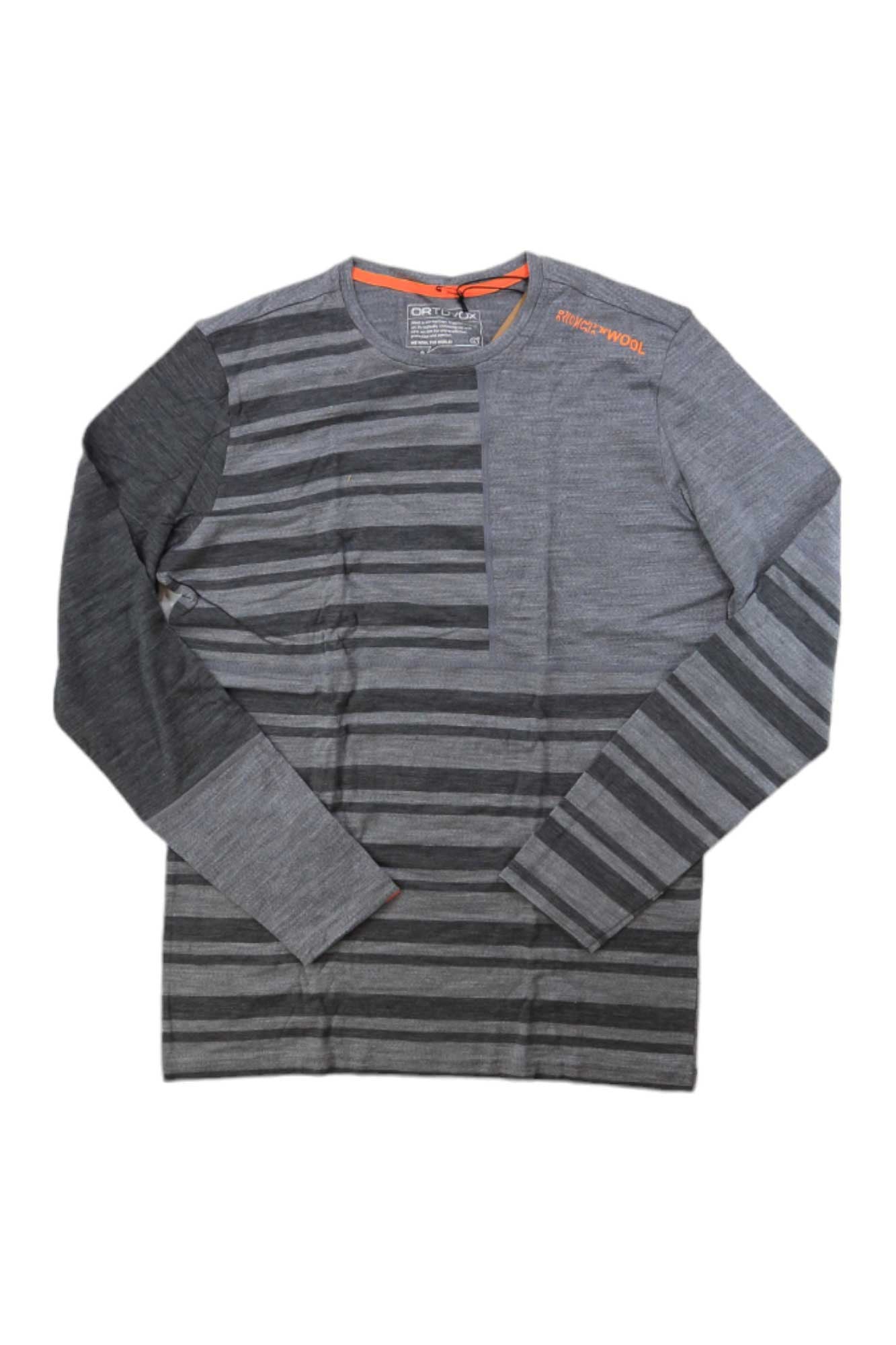 The Ortovox Mens 185 RockNWool LS Top is a men's gray merino wool base layer with long sleeves, a crew neck, and asymmetrical dark/light horizontal stripes. Ideal for winter tours, it features a small orange logo on the top left chest.