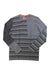 The Ortovox Mens 185 RockNWool LS Top is a men's gray merino wool base layer with long sleeves, a crew neck, and asymmetrical dark/light horizontal stripes. Ideal for winter tours, it features a small orange logo on the top left chest.