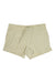The North Face Womens Aphrodite Motion 4 Inch Short, shown in beige on a white background, features a lightweight design, elastic waistband with drawstring tie, four-way stretch fabric, and side pockets.