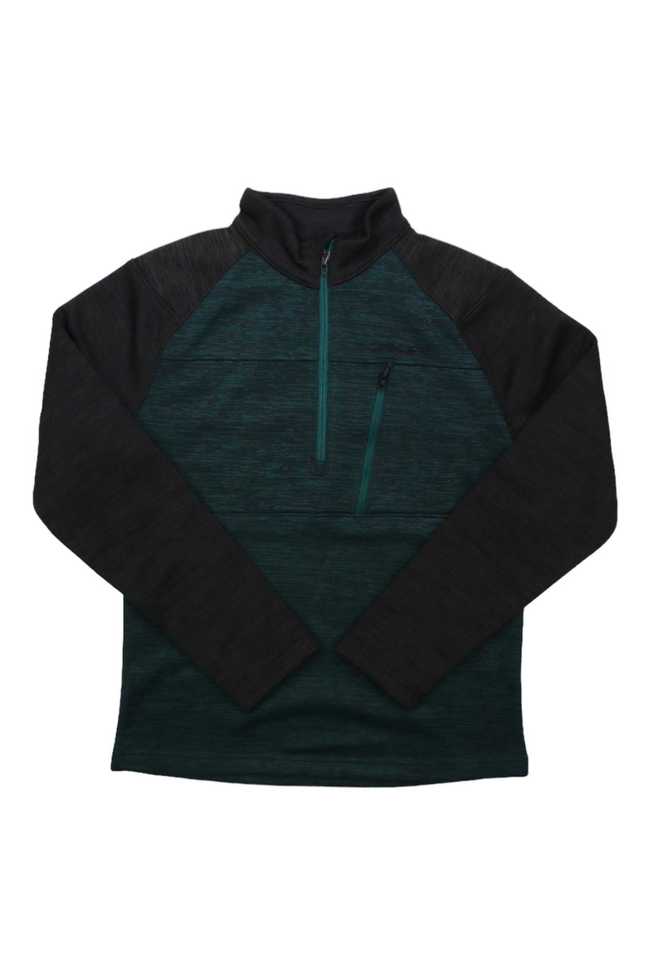 The Spyder Men's Encore 1/2 Zip Top is a long-sleeve pullover in dark green and black with a mock neck, black sleeves, and two front zippers—one at the chest and one diagonally on the upper left chest.