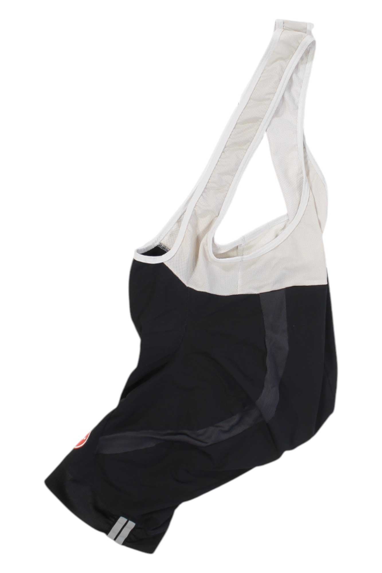 Men's cycling bib shorts, black with white shoulder straps and logo detail.