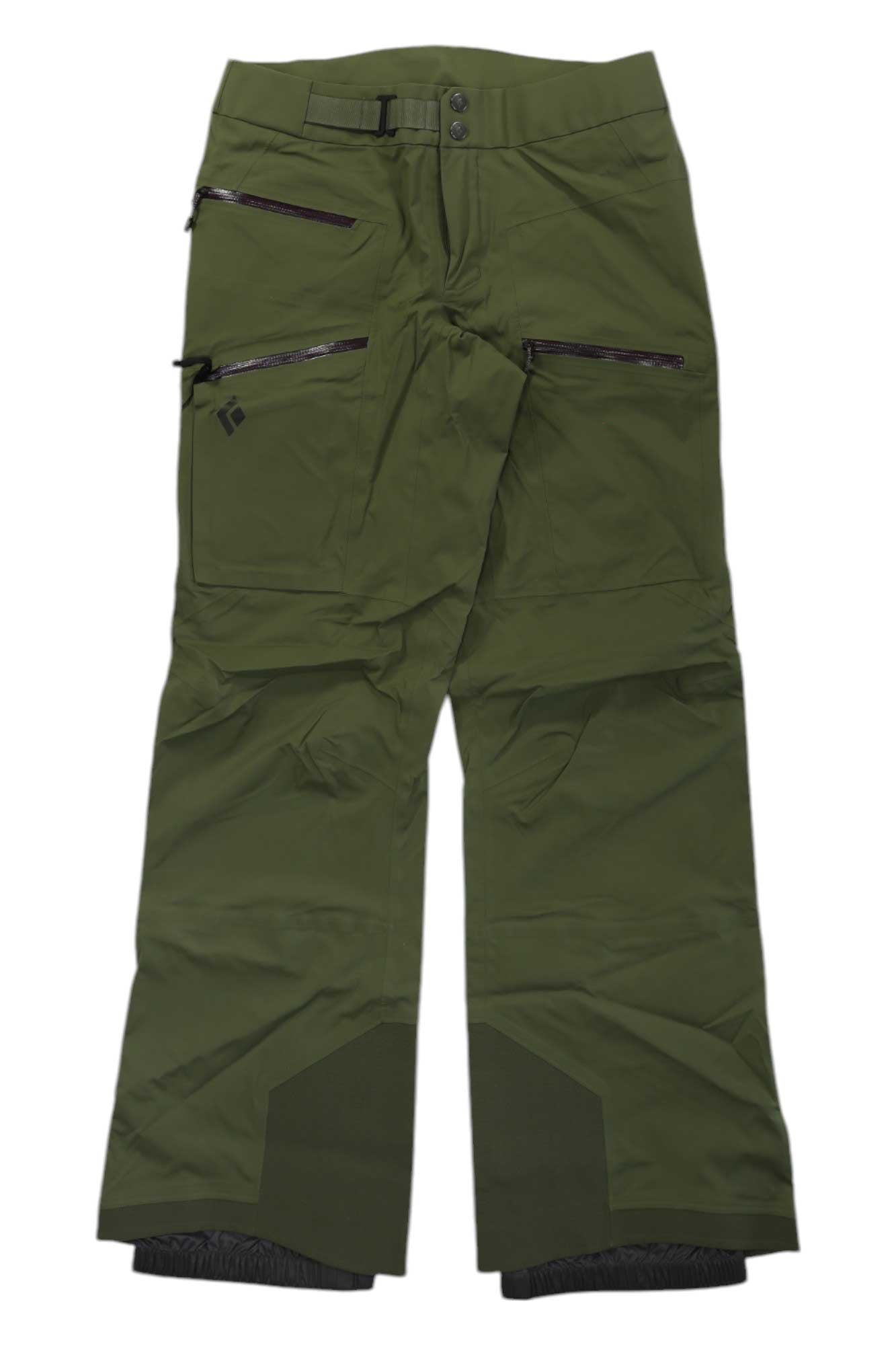 Olive green Black Diamond Womens Recon Stretch Lt Pant with multiple zippered pockets, reinforced knees and ankles, button waist closure, and water-resistant fabric. Laid flat on a white background.