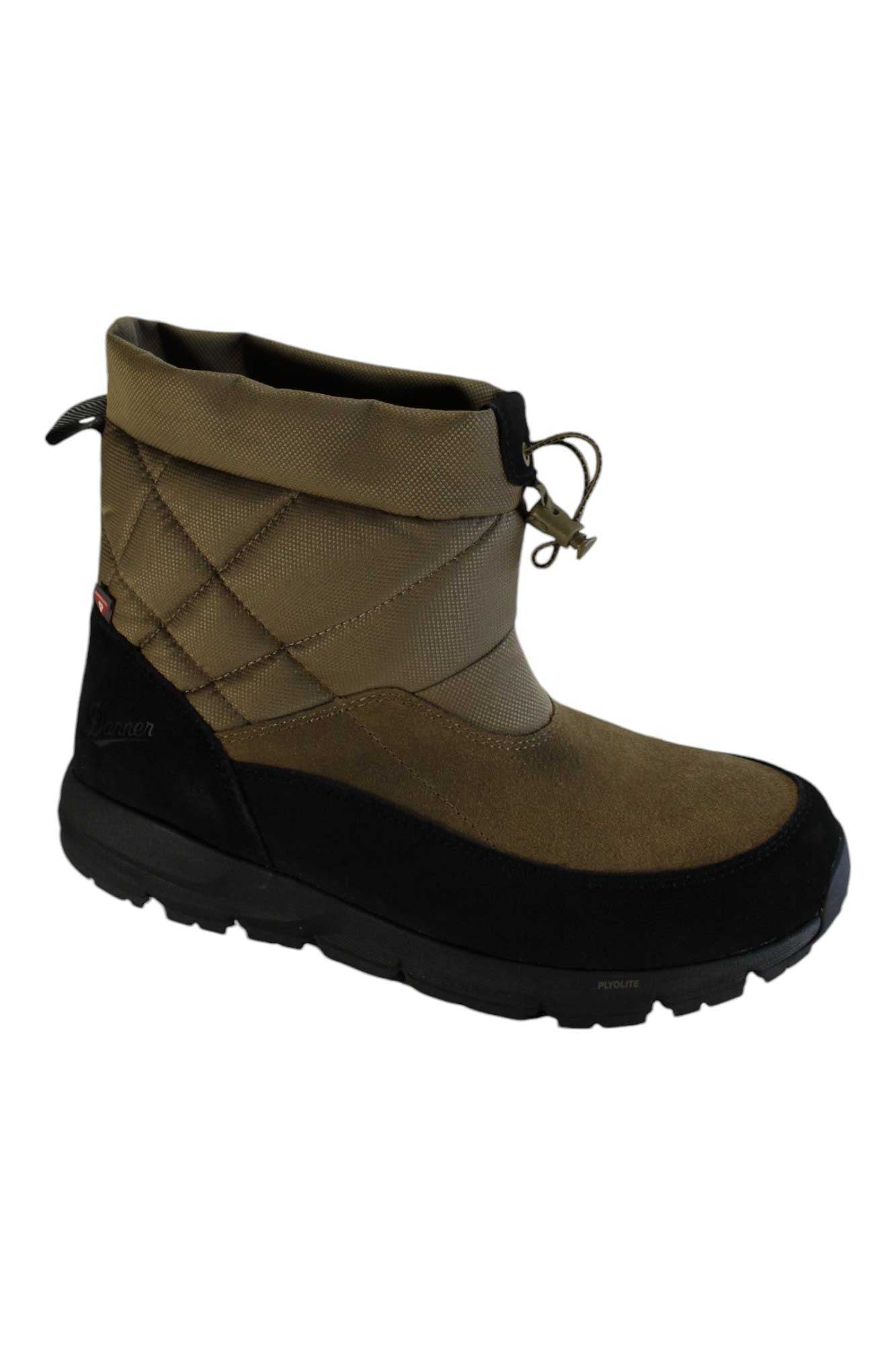 The Danner Men's Cloud Cap Boot features a brown and black design with a quilted upper, suede lower, Vibram Arctic Grip sole, PrimaLoft Gold insulation for warmth, and a top drawstring closure.