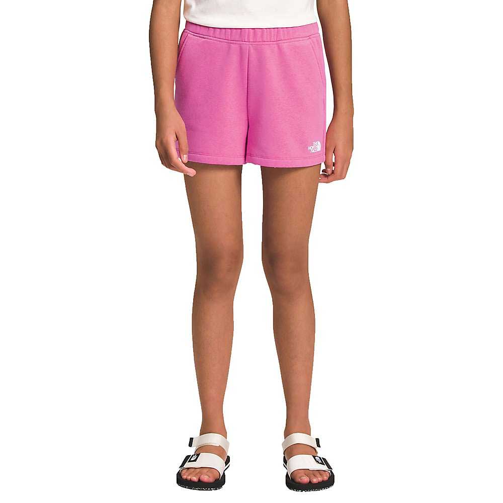 Girls pink fleece shorts with elastic waistband and side pockets, small logo