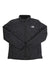 The North Face Womens Shady Glade Insulated Jacket is a black, quilted jacket made from recycled polyester, featuring a front zipper, stand-up collar, and the North Face logo on the left chest. Displayed flat with sleeves crossed.