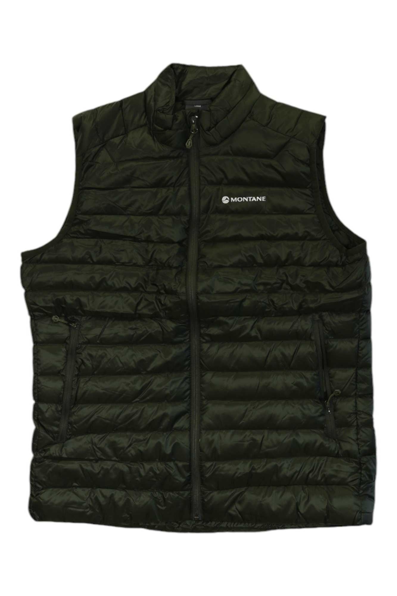 Men's anti-freeze gilet, dark green quilted sleeveless jacket with full zip and Montane logo.