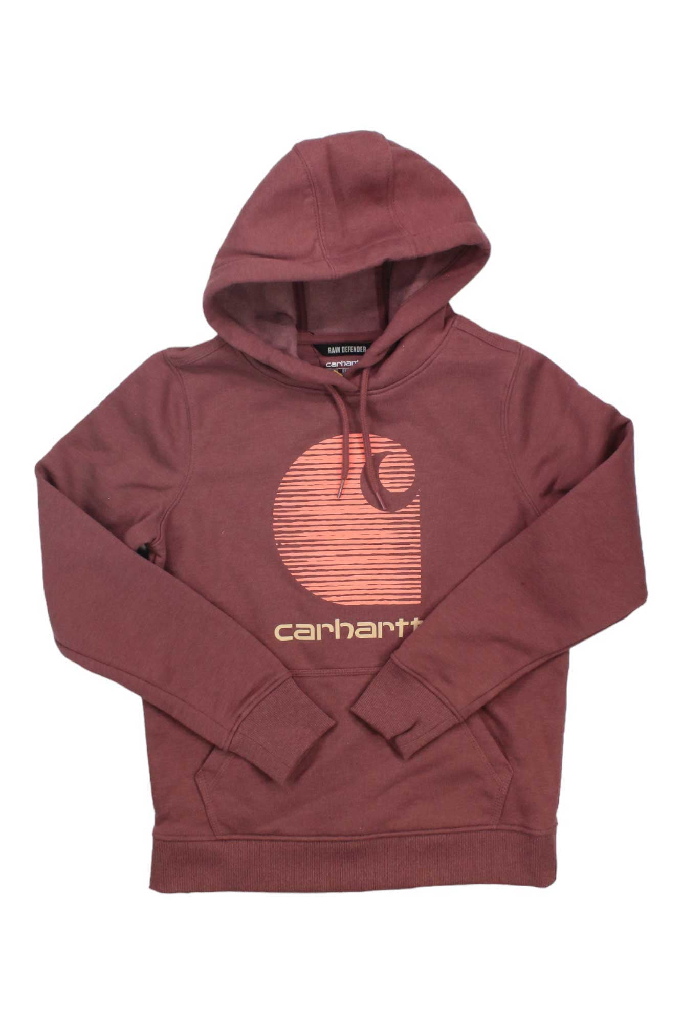The Carhartt Womens Rain Defender Relaxed Fit Midweight C Logo Graphic Sweatshirt is maroon with a relaxed fit, long sleeves, front pocket, drawstring hood, large beige logo on the chest, and water-repellent technology.