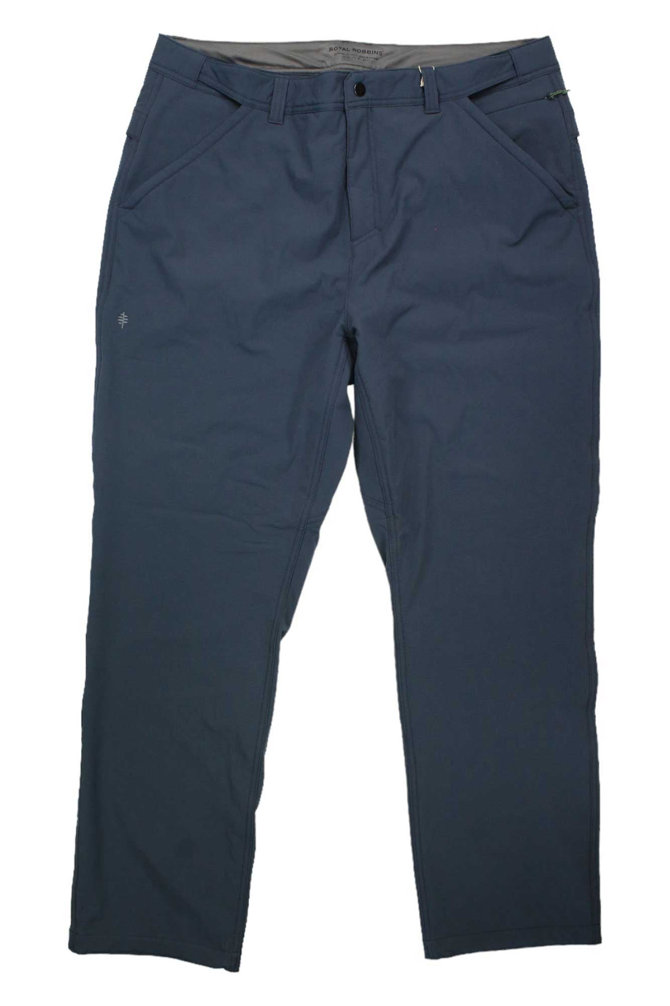 The Royal Robbins Mens Alpine MTN Pro Winter Pant in dark blue features front pockets, belt loops, a zip fly with button closure, and a water-resistant finish. Made from recycled polyester, these straight-leg winter pants are shown laid flat on a white background.