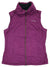 A sleeveless purple Womens Cedar Express Vest with UPF 50, high collar, front zipper, and side pockets is laid flat on a white background.