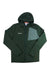 A Mammut Mens Madris Light ML Hooded Jacket in dark green, made from recycled polyester with a lighter green chest pocket and front zipper, is shown flat on a white background.
