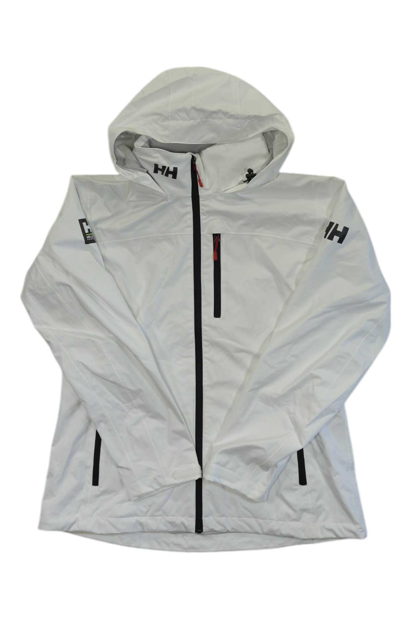 Women's white hooded jacket with black zipper and two front pocket zips