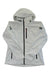 Women's white hooded jacket with black zipper and two front pocket zips