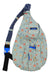 A light green KAVU Womens Rope Bag featuring a blue adjustable rope shoulder strap, blue buckle, red suns and orange clouds pattern, front zipper pocket, and a small black patch with the KAVU logo.