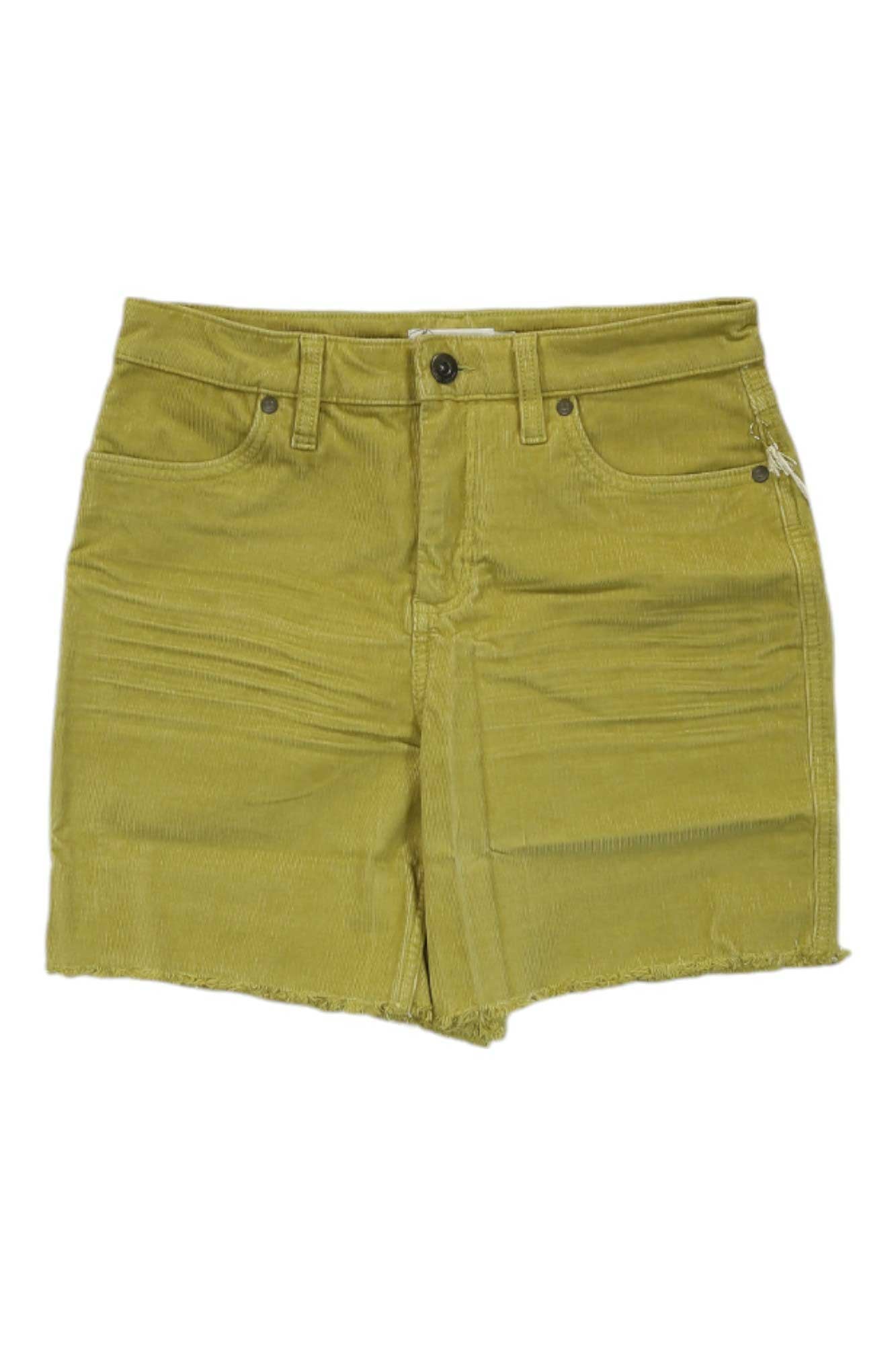 Carve Designs Womens Oahu Hi Rise 6 Inch Short in mustard yellow, made from organic cotton, features a frayed hem, front and back pockets, belt loops, and a button closure.