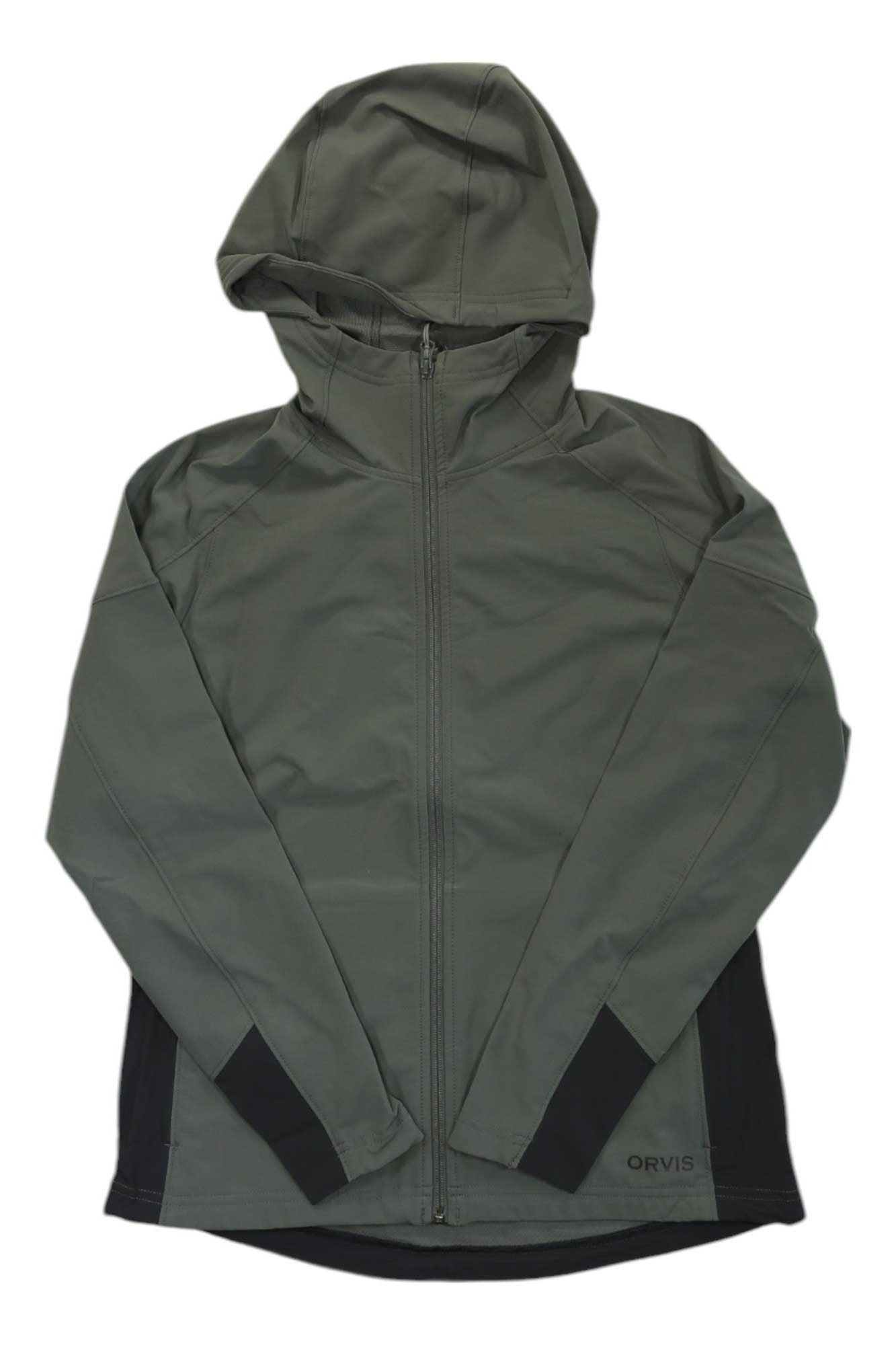 The Orvis Womens Pro Lt Softshell Hoodie is a gray lightweight outdoor jacket with a front zipper, long sleeves, and black side panels, shown flat on a white background.