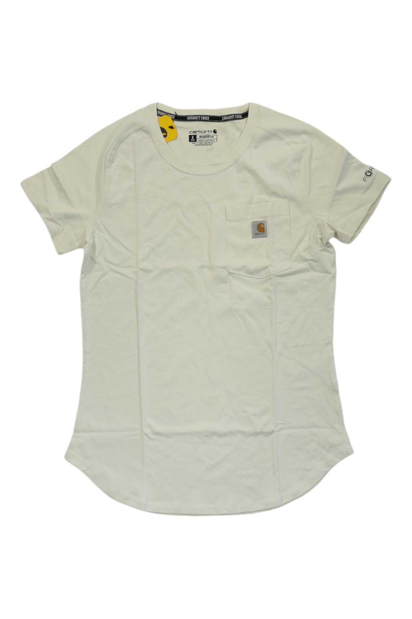 The Carhartt Womens Force Relaxed Fit Midweight Pocket T-Shirt is a plain white tee with a chest pocket featuring the Carhartt logo patch, a round neckline, and moisture-wicking comfort for all-day wear.