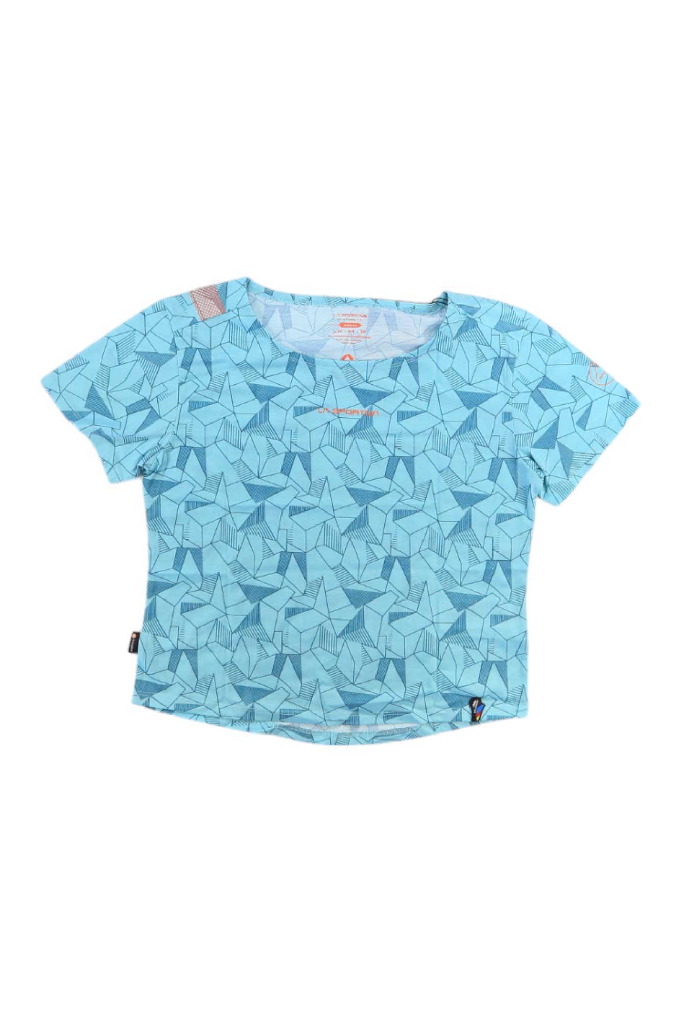 Women’s short-sleeve T-shirt, light blue abstract geometric print, crew neck
