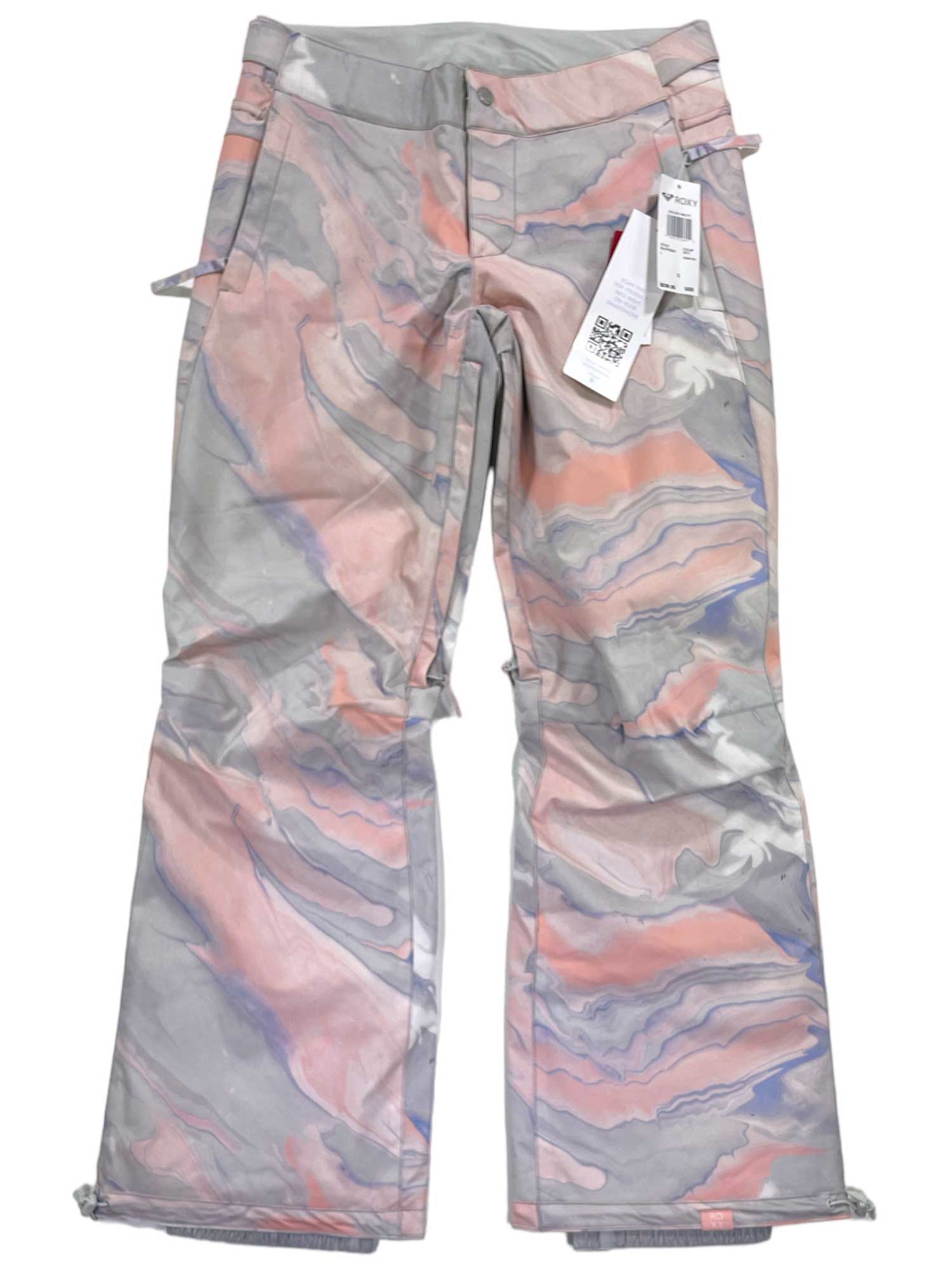 The Chloe Kim Insulated Snow Pants are women's flared snow pants with a marbled pastel pattern in pink, gray, and lavender, button closures, and a hanging tag featuring a QR code.