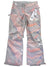 The Chloe Kim Insulated Snow Pants are women's flared snow pants with a marbled pastel pattern in pink, gray, and lavender, button closures, and a hanging tag featuring a QR code.