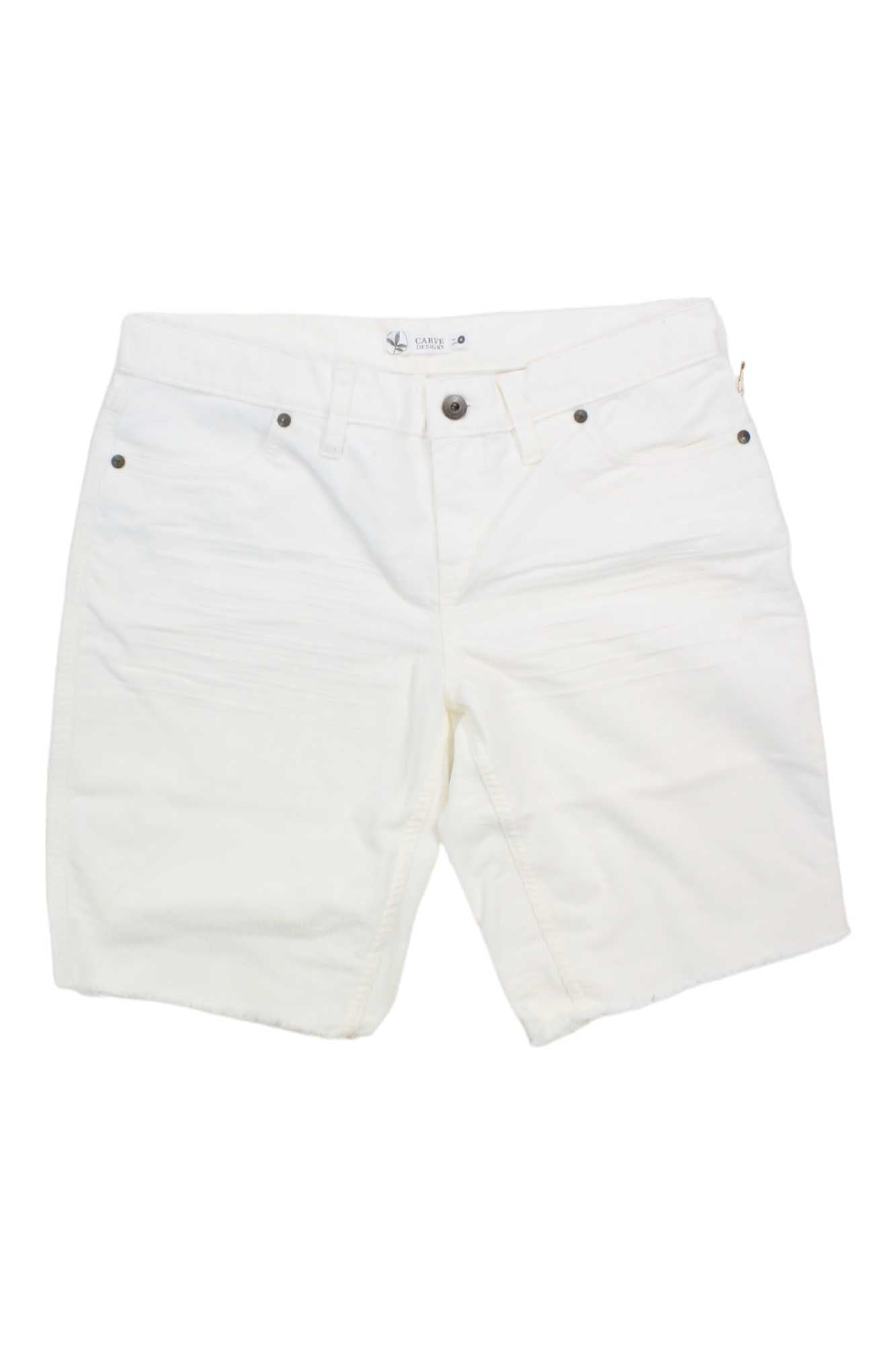 The Carve Designs Womens Oahu 10 Inch Short, made from organic cotton, features front and back pockets, belt loops, and a button-zip closure. The women’s shorts are shown laid flat on a white background.