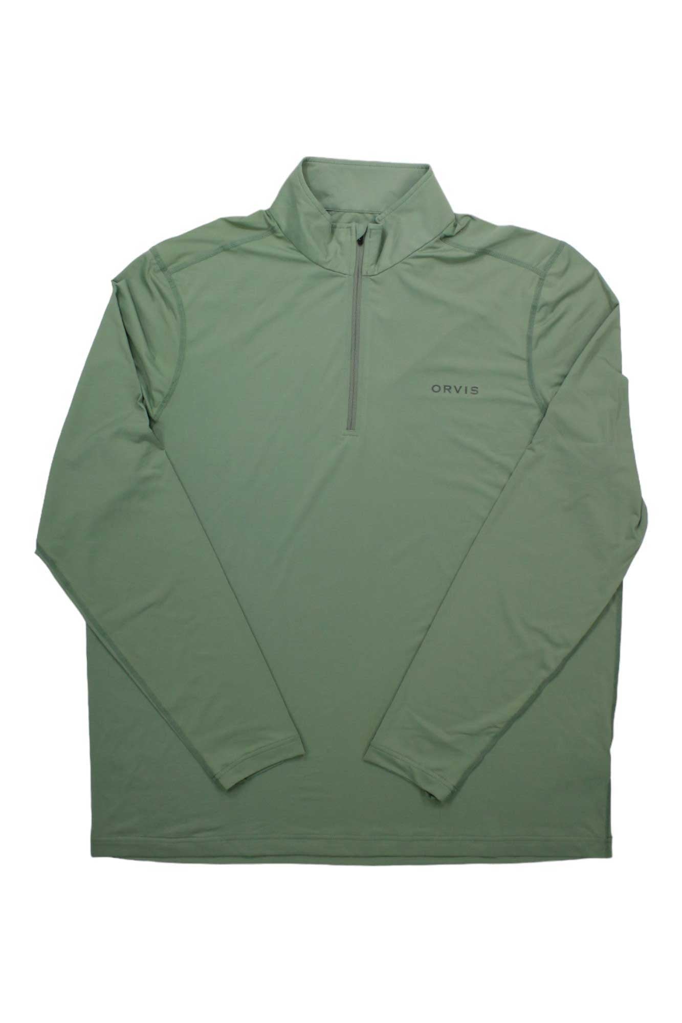 Men's quarter-zip sun defense pullover, green, long sleeves, stand collar, Orvis logo