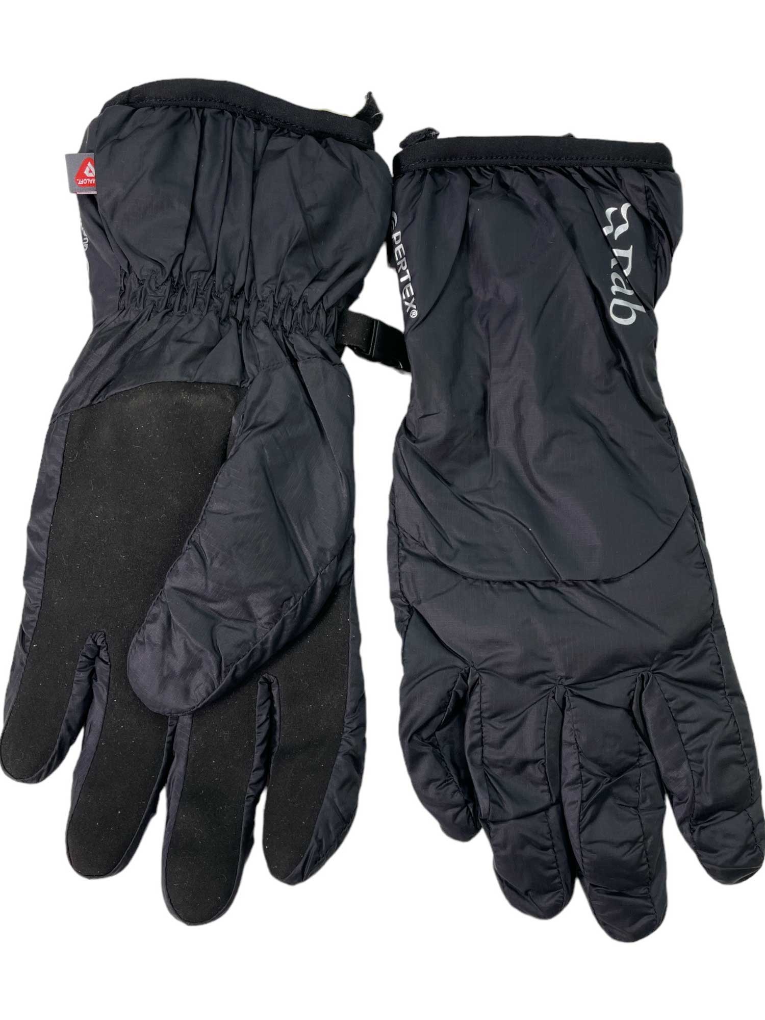 Rab Xenon gloves pair, dark black shell with elastic cuffs and fabric logo on back