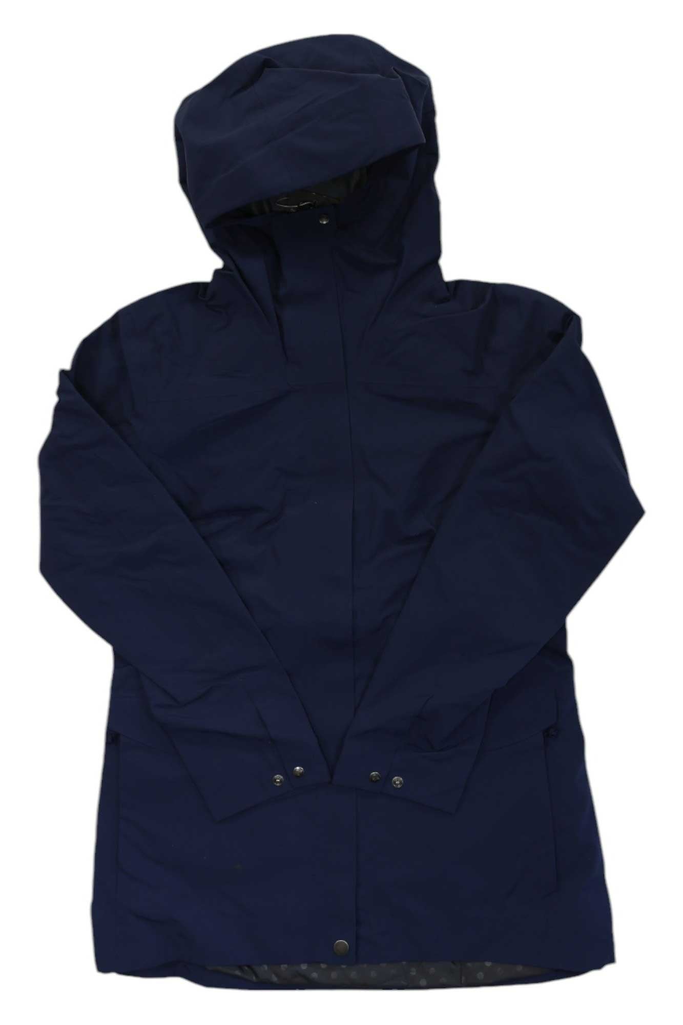 A Norrona Womens Oslo Gore-Tex Jacket in navy blue, with long sleeves, front snap buttons, a straight hem, and advanced Gore-Tex technology for waterproof protection, is displayed flat on a white background.