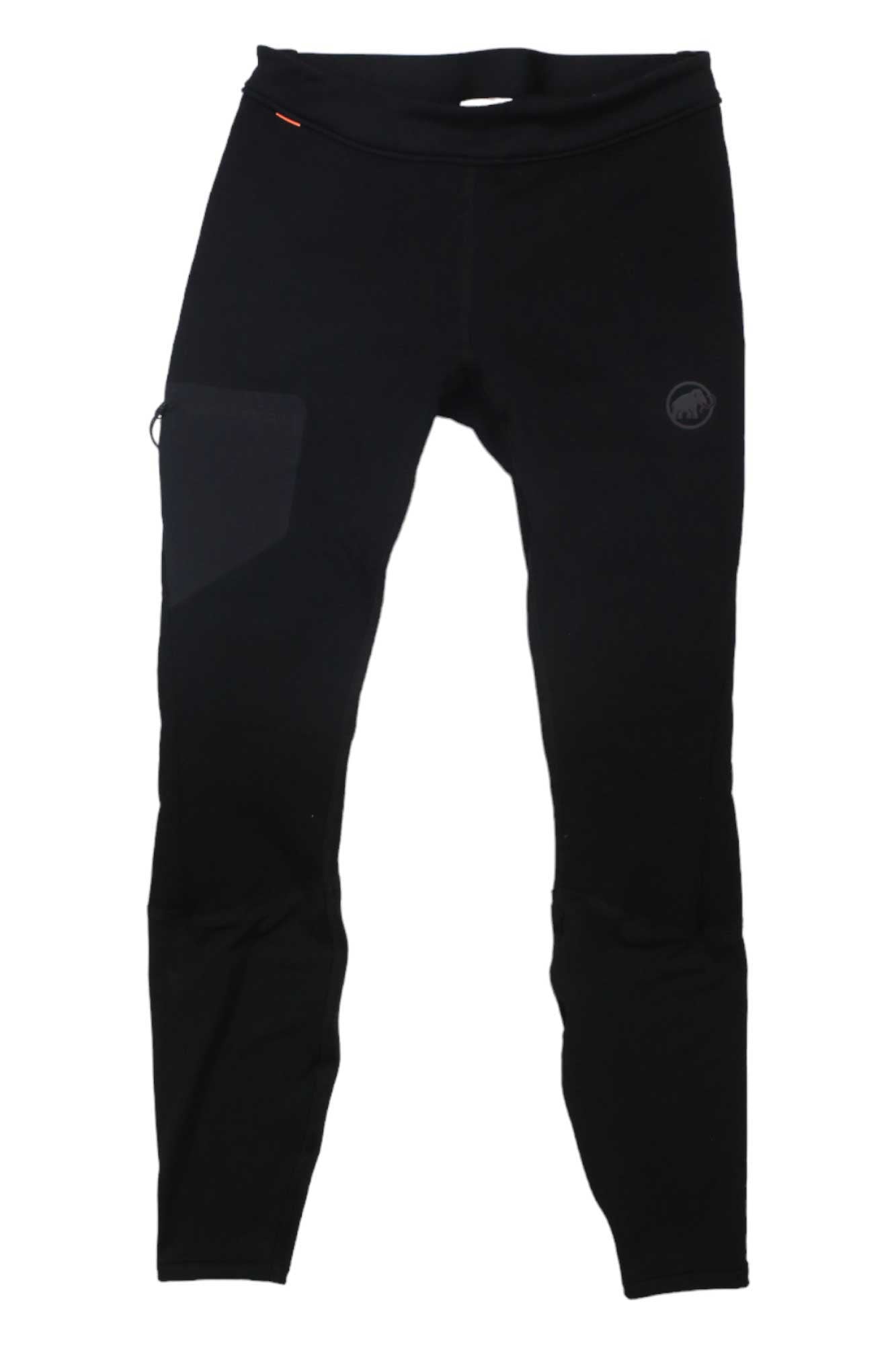 The Mammut Women's Aconcagua ML Long Tight is shown laid flat on a white background, featuring a fitted design, small upper thigh logo, and side pocket—perfect athletic leggings for hiking.