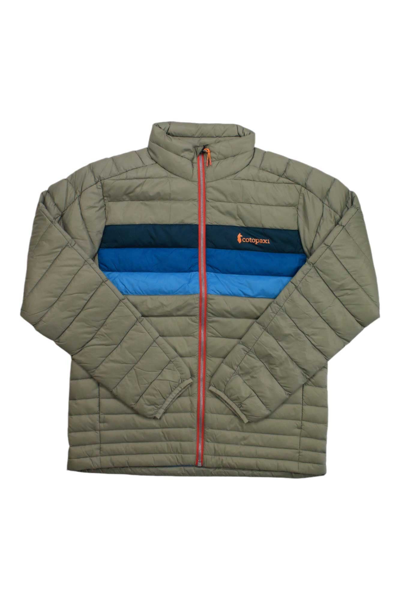 The Cotopaxi Mens Fuego Down Jacket is a light olive-green puffer with blue and navy chest stripes, an orange zipper, high collar, quilted stitching, and an embroidered Cotopaxi logo on the left chest.