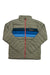 The Cotopaxi Mens Fuego Down Jacket is a light olive-green puffer with blue and navy chest stripes, an orange zipper, high collar, quilted stitching, and an embroidered Cotopaxi logo on the left chest.