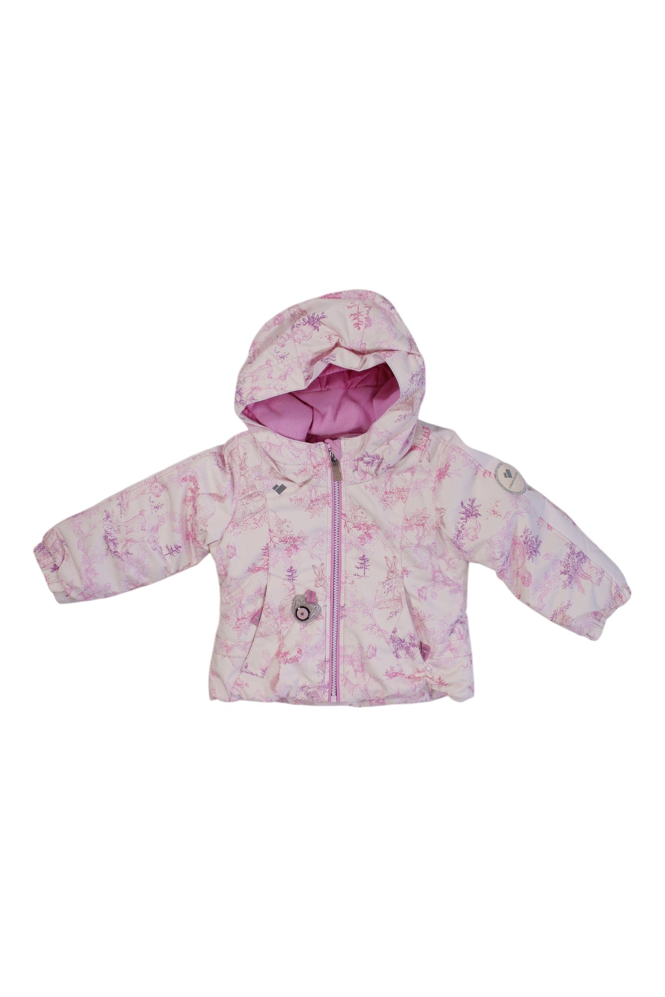 The Obermeyer Girls Iris Jacket is a light pink, hooded insulated ski jacket with a nature-inspired purple print, zipper closure, long sleeves, and soft lining—perfect winter outerwear for cool weather.