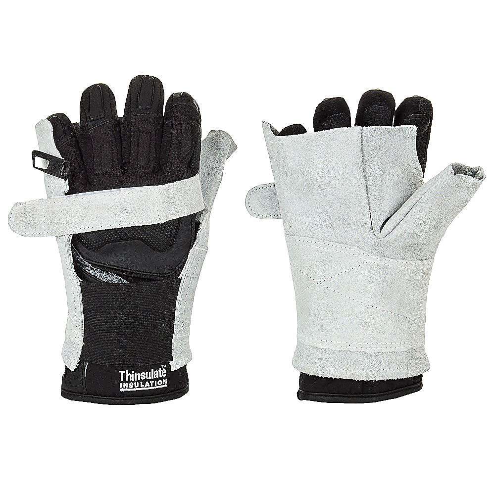 Two Kombi Junior Glove Protector gloves on a white background: one is a full-finger style with black fingers and white accents, while the other is a light gray, fingerless leather glove with black trim.
