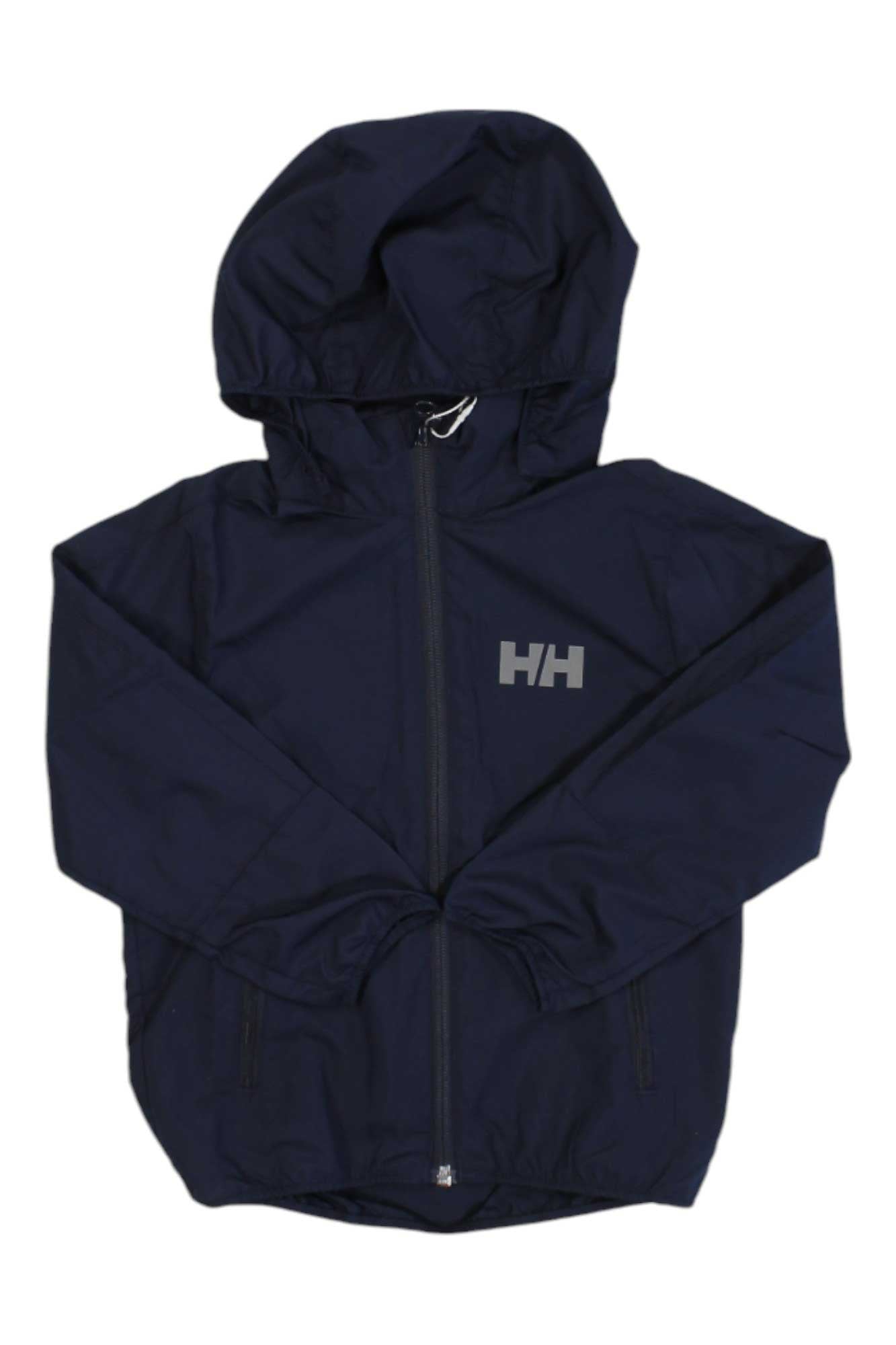 The Helly Hansen Kids Flight Light Jacket is a navy blue outerwear piece with long sleeves, a front zipper, two side pockets, and an HH logo on the left chest. Lightweight and practical for kids.