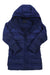 Laid flat on a white background, the Kids Montreaux Down Jacket is a navy blue, hooded puffer with long sleeves, front zipper, and 700-fill-power insulation.