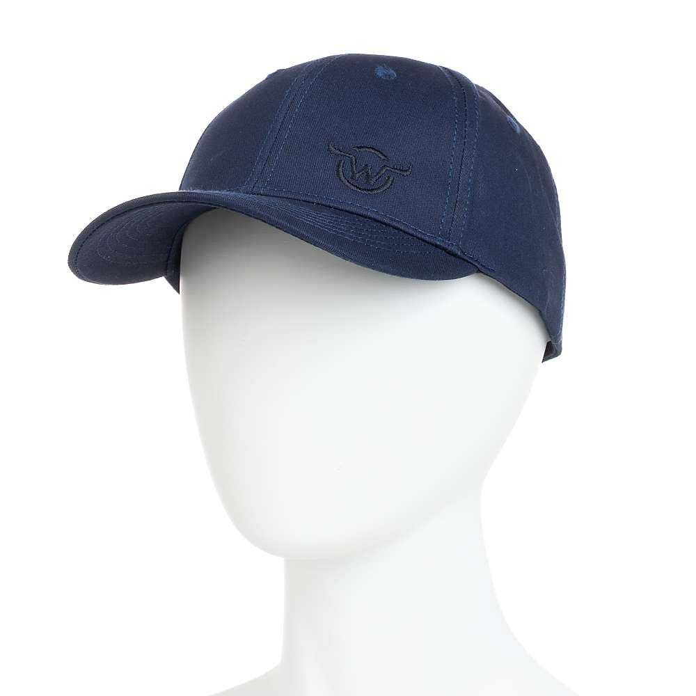 The Moosejaw Little Critter Ball Cap is a navy blue organic cotton hat featuring visible stitching and an embroidered bull logo on the front, shown on a white mannequin head.